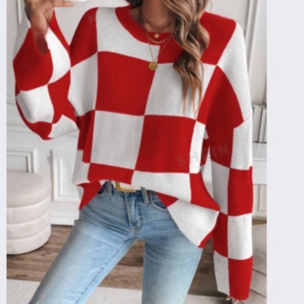 New color block plaid checker red and white sweater